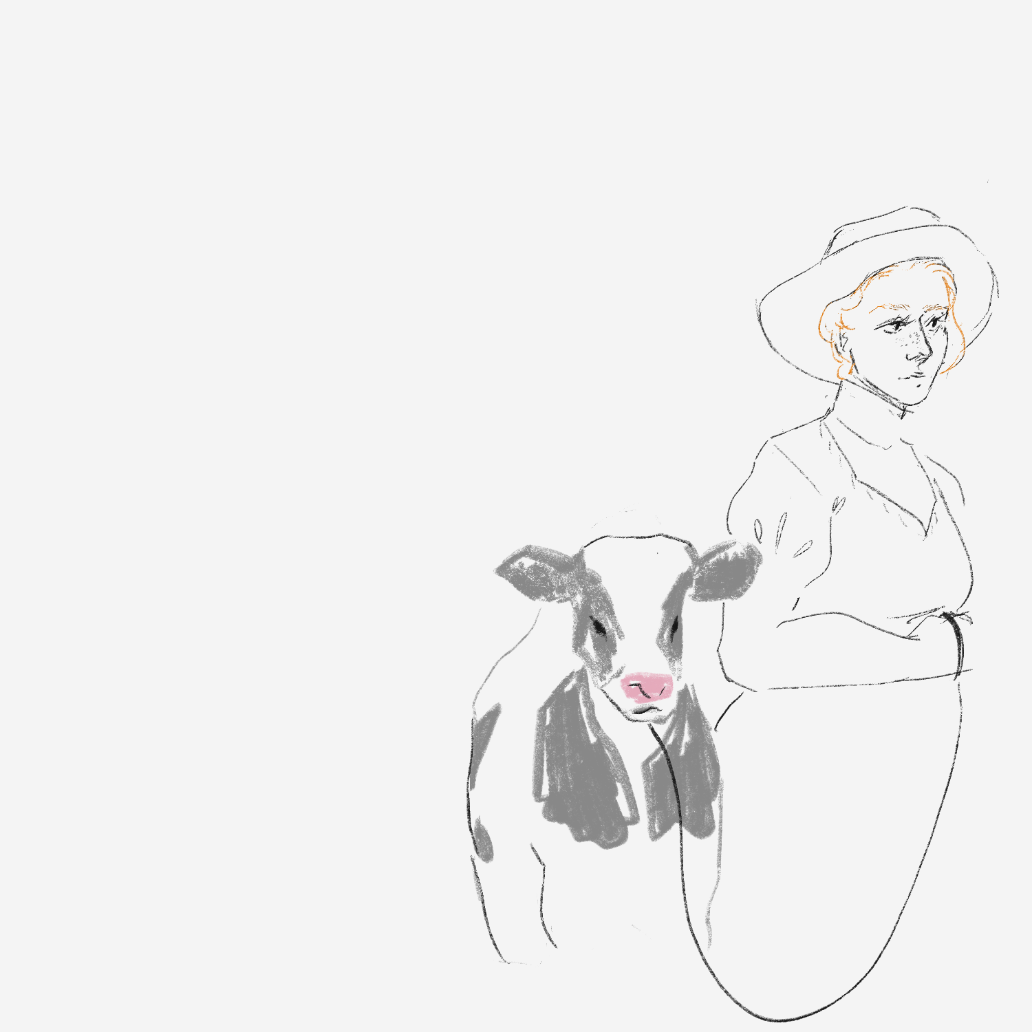 Line illustration of a woman standing beside a cow