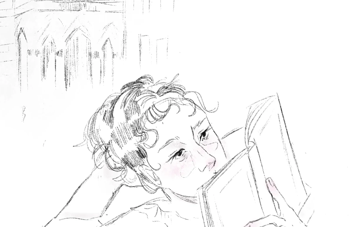 Line illustration of a reader with Northanger Abbey in the background
